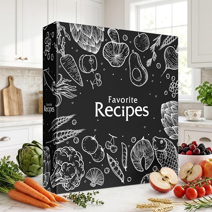 CraftSaints Recipe Binder 8.5x11, 3 Ring DIY Cookbook Binder Kit 12 Dividers & 25 Plastic Sleeves & 25 Recipe Pages & 36 Labels, Recipe Organizer Binder Kit, Recipe Book (Black)