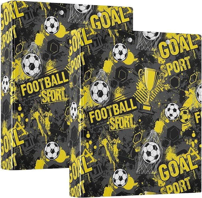 Aslsiy Kids 3 Ring Binder 1.5 Inch Football Yellow Soccer Gray Girls Round Clipboard Binder Decorative Harcover Binders Organizer for Office School Supply