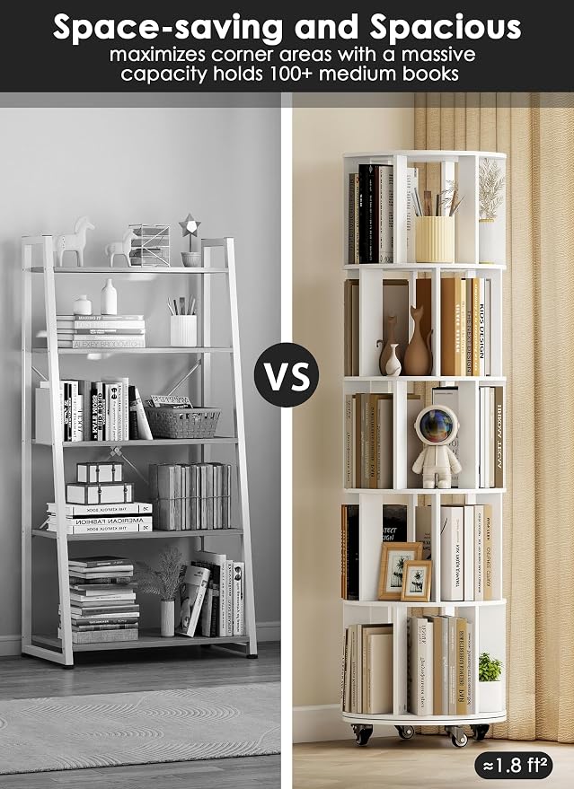 5 Tier 360° Rotating Bookshelf with Larger Capacity, Adjustable Small Space Bookcase on Wheels, Revolving Round Bookshelves, Tall Storage Book Shelf Tower for Bedroom Office Kids Room (White)