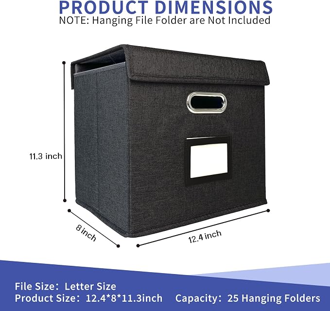 2 Pack Hanging File Folder Box with Lid, Durable Letter Size Filing Storage Box, Sturdy File Holder with Cardboard Support PVC Rails for Office Home Organizer, Black
