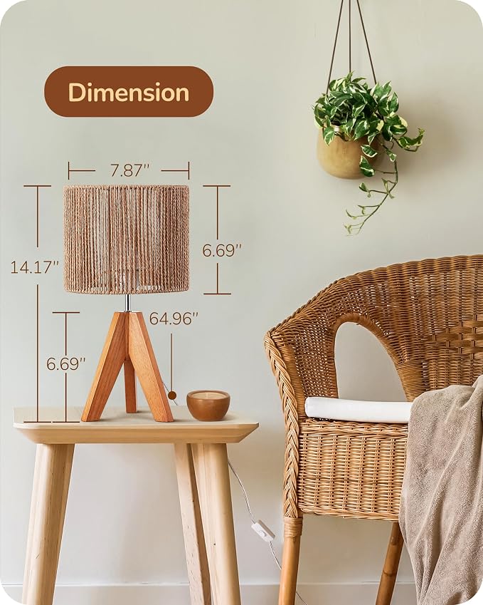 EDISHINE Small Rattan Table Lamp, Wood Tripod Bedside Lamp, 14.2", E26 Base | Natural Style, E26 Socket, Boho Nightstand Light for Living Room, End Table, Office, Rosewood Color&Vertical Stripe Shade
