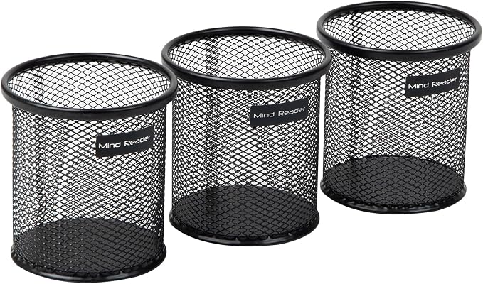 Mind Reader Pen and Accessories Holder, Desktop Organizer, Office, Metal Mesh, 3.5"L x 3.5"W x 3.75"H, Set of 3, Black