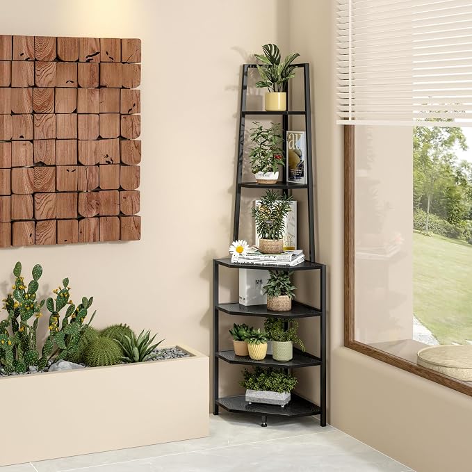 VECELO 6 Tier Corner Shelf 69 Inch Industrial Bookshelf with Metal Frame, Multipurpose Tall Plant Stand with Opening Display Shelves for Living Room, Bedroom, Home Office, Small Space, Black