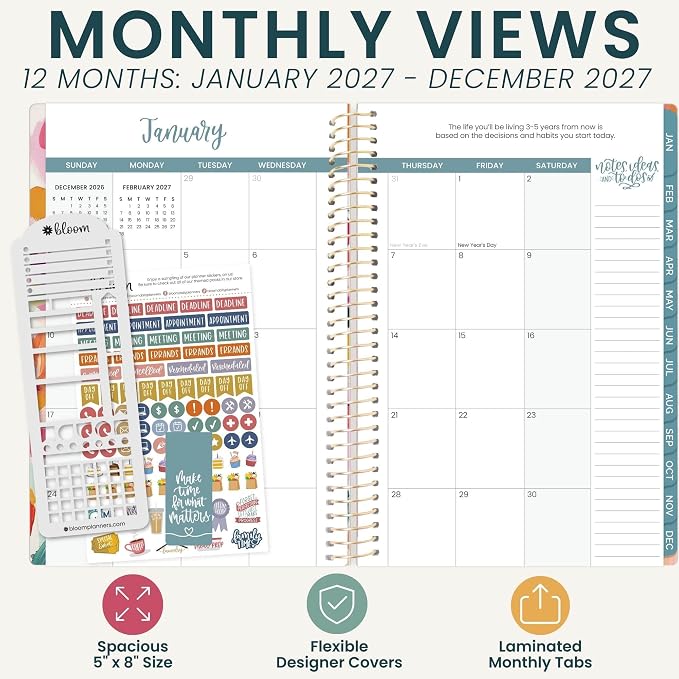 bloom daily planners 2027 Planner (January - December 2027) - Weekly & Monthly Softcover Planner for Women - Calendar Year Inspirational Agenda Book with Stickers - 5.5" x 8.25" - Brushstroke Blooms