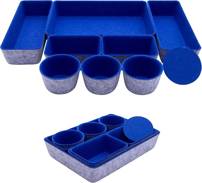Teeo - Felt Drawer Organizer - Desk Accessories - Office Organization - Kitchen Organizer - Jewelry Tray Makeup Storage Drawer Organizers Home Desk Caddy Cosmetic Bins - Pack of 9, Royal Blue