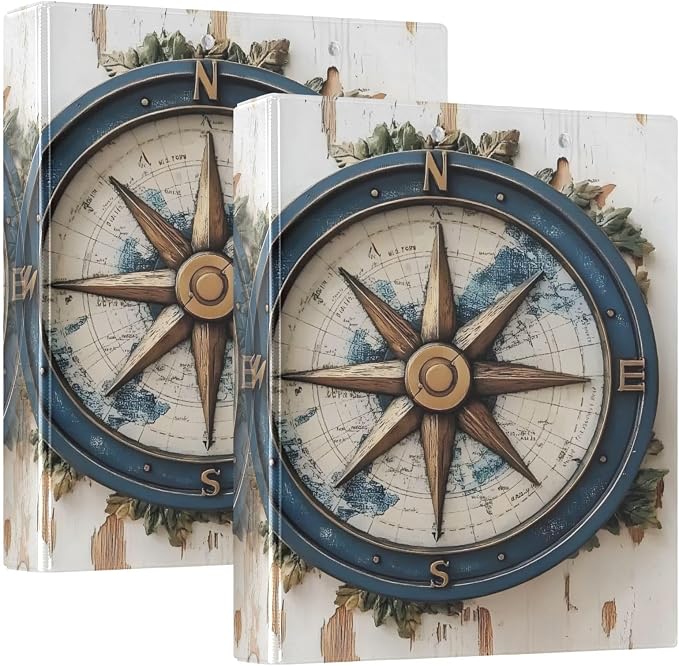 3 Ring Binder Vintage Nautical Compass 1.5 inch Binders Three Ring Binders with Clipboard Fit 8.5'' x 11'' Paper 3 Interior PVC Clear Pockets for Office Supplies