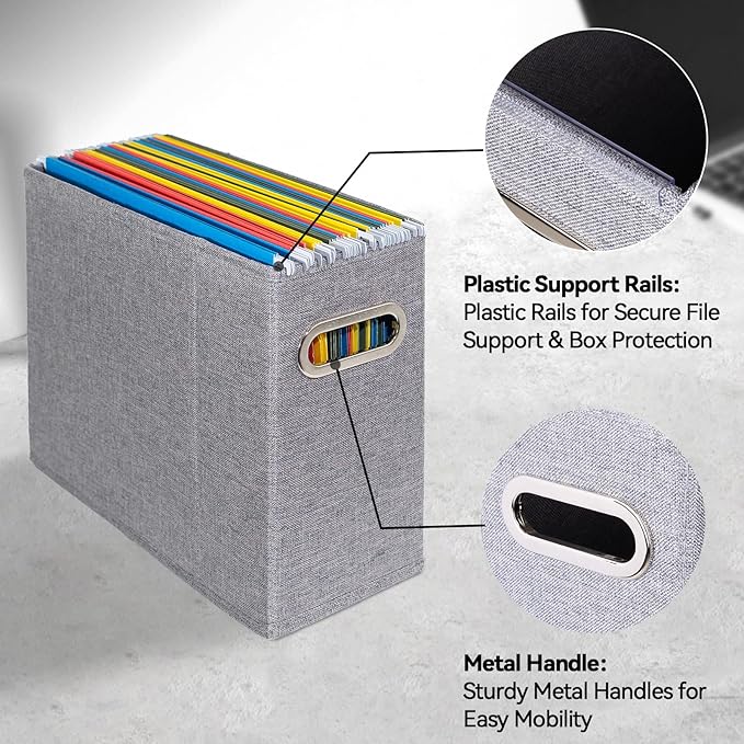 ComfortKeeper 2 Packs Letter Size File Organizer, File Folders Organizer, Fabric Storage Box, Collapsible Paper Organizer with Metal Handle, Smooth PVC Rails, Only Box (Gray)