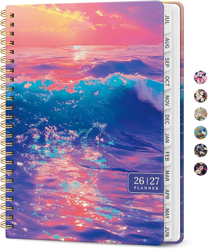 Planner 2026-2027, Monthly & Weekly Jul 2026-Jun 2027 Calendar Book | 6.3" x 8.5", Hardcover Spiral Planner with Tabs, School & Daily Pretty Agenda for Women, Students, Teachers, Sunwave Glow