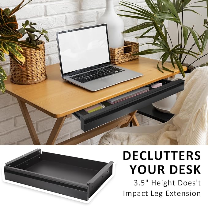 POPMOON 13.8 inch Under Desk Drawer, Steel Pull-Out Storage Organizer | Under Table Drawer with Smooth Slide Rails, Carbon Steel Undermount Drawer, Black Powder Coated, Hold 33 Lbs