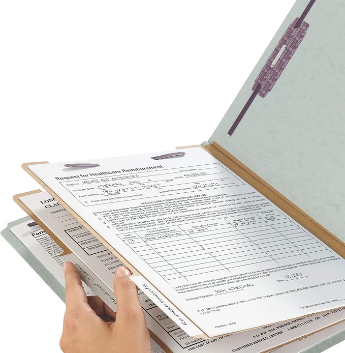 Smead 100% Recycled End Tab Pressboard Classification File Folder with SafeSHIELD Fasteners, 2 Dividers, 2" Expansion, Letter Size, Gray/Green, 10 per Box (26810)
