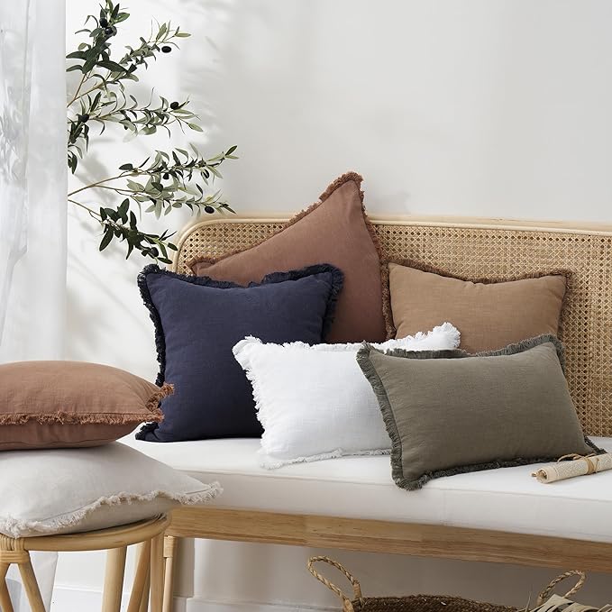 Foindtower Set of 2 Decorative Linen Fringe Lumbar Throw Pillow Covers Boho Farmhouse Cushion Cover with Tassels Soft Cozy Accent Pillowcase for Chair Sofa Couch Living Room Home Decor,12×20 Inch,Rust