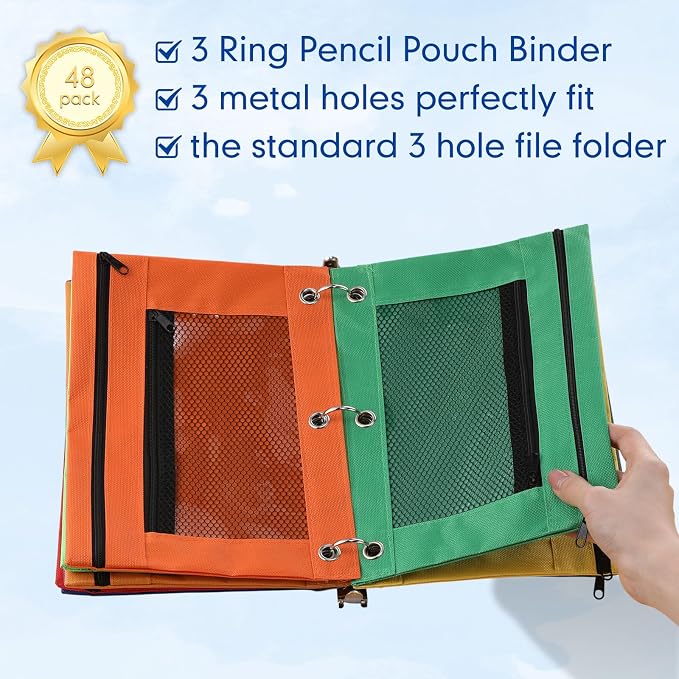 Leelosp 48 Pack Pencil Pouch for 3 Ring Binder,Multi-color | Bulk Mesh Zipper Binder Pouches Pencil Boxes for Classroom Pencils Case Bags for Storing School Students Teacher Supplies