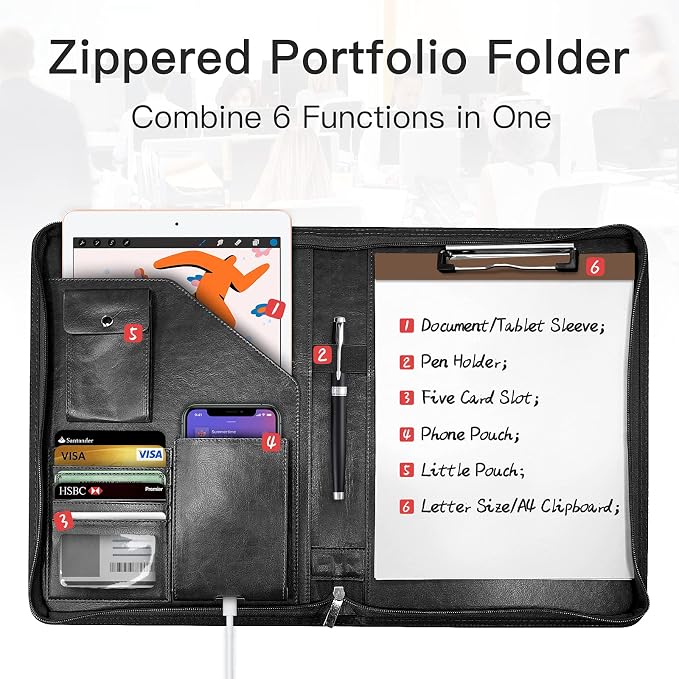 WRIYES Zippered Padfolio Organizer, 10.2 Inch Portfolio Folder, Black | Leather Planner Binder, For Documents, Letter Size, Business Card Holder, For Men&Women
