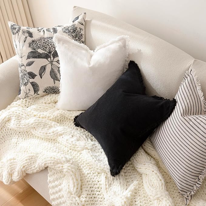 Foindtower Set of 2 Decorative Linen Fringe Throw Pillow Covers Cozy Boho Farmhouse Cushion Cover with Tassels Soft Accent Pillowcase for Couch Sofa Bed Living Room Home Decor, 24×24 Inch, Black