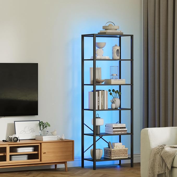 JARHETUN 6-Tier Bookshelf, Tall Bookcase with LED Lights, Book Shelf with Steel Frame, 11.2" x 23.6" x 65.4", Display Storage Shelf for Living Room, Bedroom, Home Office, Study, Black