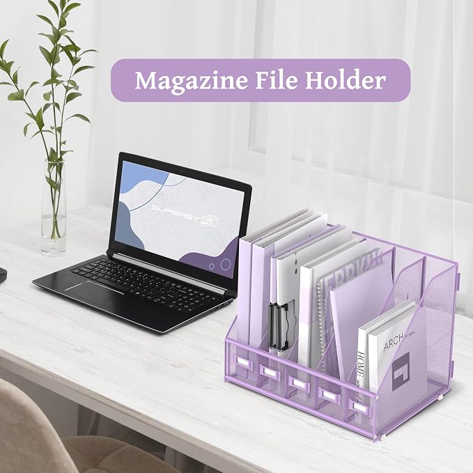 Desk Organizers Metal Desk Magazine File Holder with 5 Vertical Compartments Rack File Organizer for Office Desktop, Classroom, Home Workspace, Purple