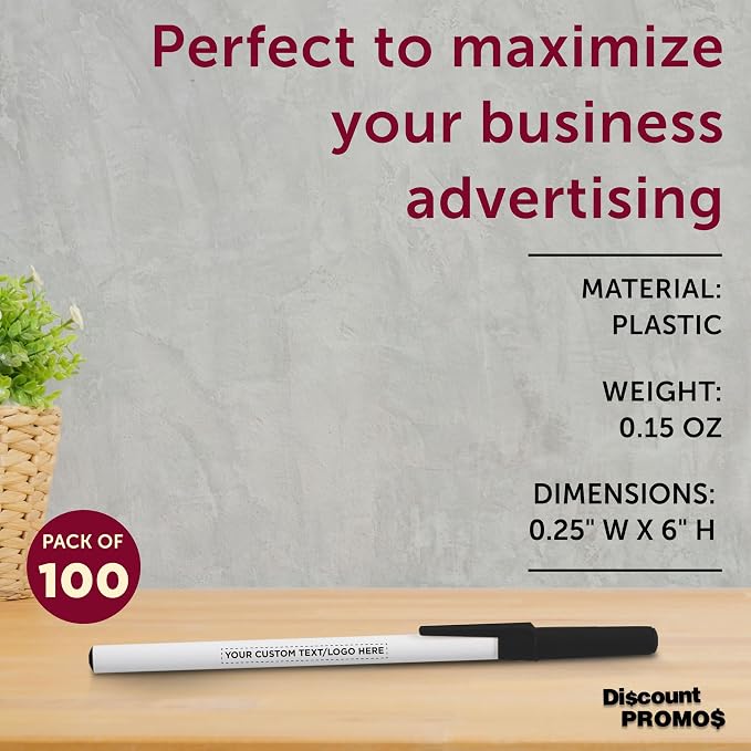 DISCOUNT PROMOS Custom Value Stick Pens Set of 100, Personalized Bulk Pack - Black Ink, Great for Office, School, Business, Tradeshows, Events - Black