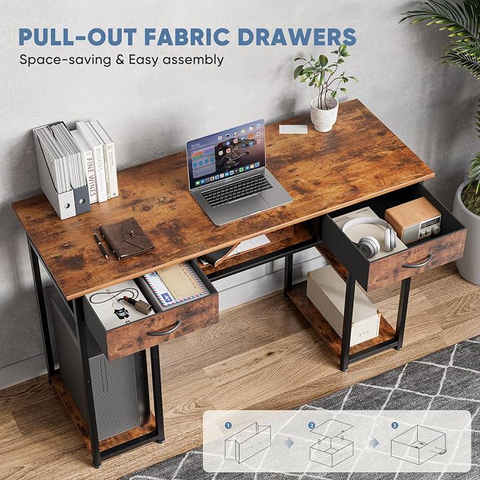 DUMOS 48-Inch Computer Desk with Drawers and Hook, Brown | Home Office Desk for Bedroom, Gaming Writing Study Desk with Adjustable Feet