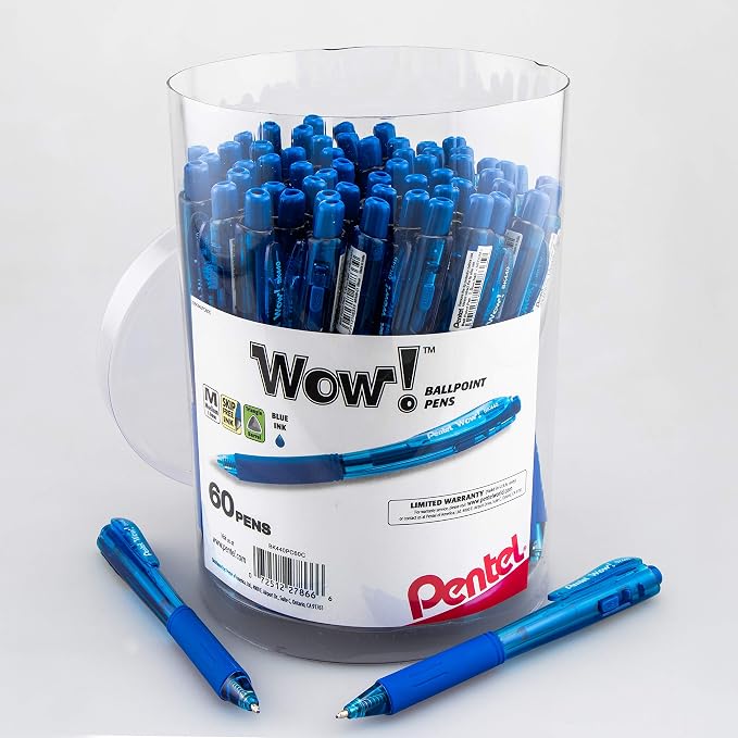Pentel WOW! Ballpoint Pen, (1.0mm) Medium Line, Blue Ink 60 Count, Canister (BK440PC60C) (Pack of 3)