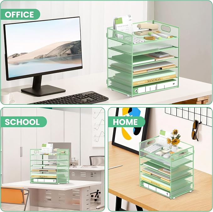 Daltack 6-Tier Paper Organizer for Desk with Handle, Green, 2 Pack | Sturdy Metal Mesh Organizer with Movable Middle Trays and a Carry Handle for Papers, Folders and Office Supplies