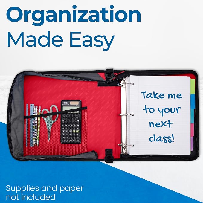 Case-it Zipper Binder | 2-Inch O-Rings | 350-Sheet | D-251 Fire Engine Red | Classic, Multiple Storage Pockets, Shoulder Strap, School & Office Organizer