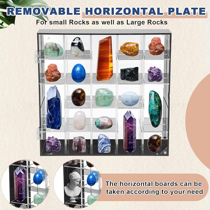 Cinnvoice Rock Display Case 25 Grids,Black Border, Square | Adjustable Acrylic Display Case, Crystal Organizer for Collectible, with Built-in Mirrored, Magnetic Door, Wall Mount