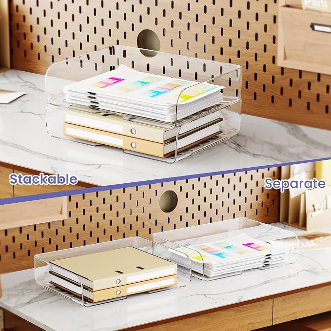 Tomorotec 2 Pack Clear Stackable Letter Tray, A4 Desk File Organizer Set | Durable PET Anti-Skid Base for Home, School or Office Document Paper Storage, Side Load Access, 2-Pack