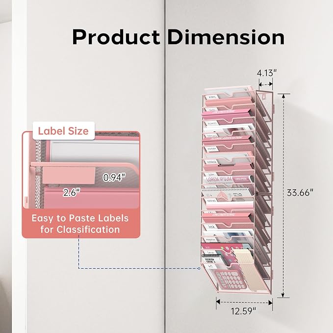 14-Tier Wall File Organizer and Hanging File Organizer, Pink | Wall Organizer and Wall Mounted File Holder with 14 Pockets and Label Panels for Files, Mail, Folders, Magazines and Paper