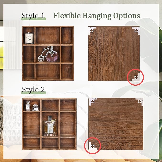 Ikee Design 3-Pc Wooden Shadow Box Shelf for Collectibles | 17 compartments Wooden Shadow Cubby Box Display Shelf Organizer Storage Shadow Box for Collectibles, Figures, Black