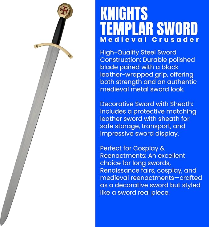 SZCO 37" Knights Templar Sword – Medieval Crusader Decorative Knight Sword with Black Leather Wrapped Handle & Matching Leather Scabbard for Adults, Cosplay & Display
