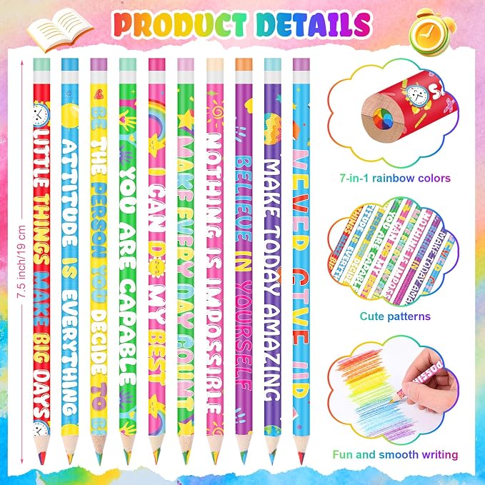 Nezyo 100 Pcs Motivational Rainbow Colored Pencils Bulk - 7 Color in 1 Wooden Colorful Pencils Assorted Cute Novelty Art Supplies for Drawing Coloring Back to School Gifts Incentive Reward Stuffers