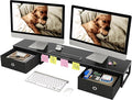Mexin 39" Dual Monitor Stand Riser with 2 Storage Drawers, Carbon Fiber Computer Desk Organizer for 2 Monitors, Heavy Duty 100 Lbs Desktop Stand with Phone Tablet Holder for Home Office, Black