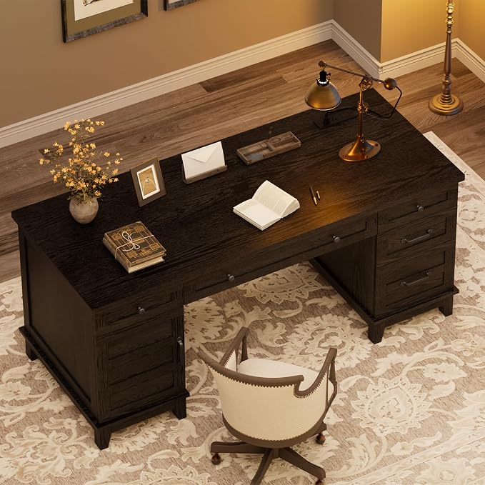 IDEALHOUSE Farmhouse Executive Desk 60 Inch, All-in-One Home Office Table with Built-in Charging Port, Rustic Wooden Computer Desk with File Drawers for Work, Rustic Black