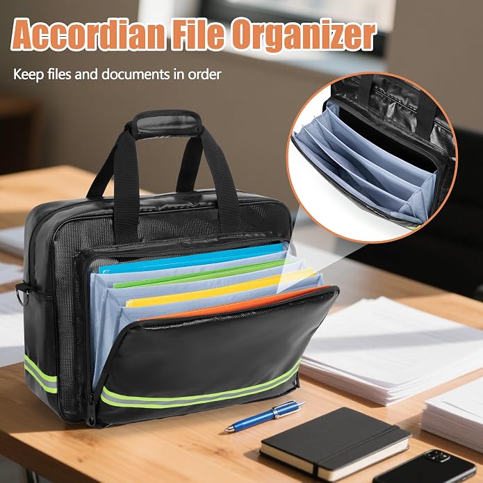 Fireproof Document Bag with Accordion File Organizer | Document Safe Storage 15.6" Laptop Sleeve, Reflective Strip, Handle & Shoulder Strap