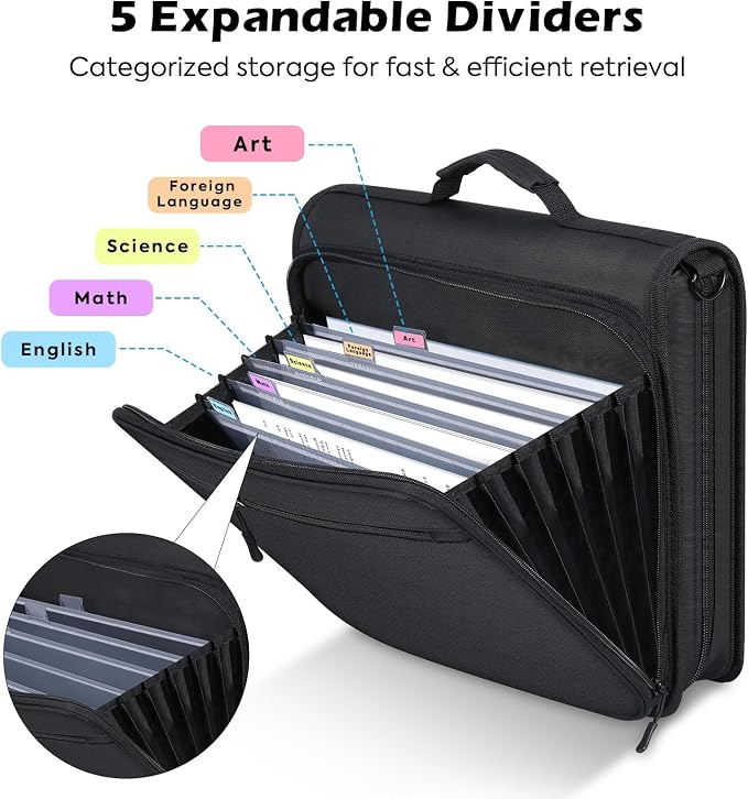 MoKo Zipper Binder, 2-Inch 3-Ring, 500 Sheets, 5-Tab File Folders, Black | 420D nylon with five dividers, multiple pockets, a padded handle and adjustable shoulder strap.