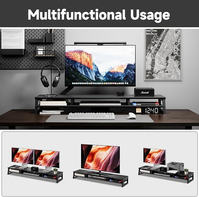Dual Monitor Stand Riser for Desk, 41.7 Inch Large 2 Tier Computer Monitor Stand for 2 Monitors, Desktop Storage Organizer Shelf with Keyboard Space for Laptop PC Printer, Black