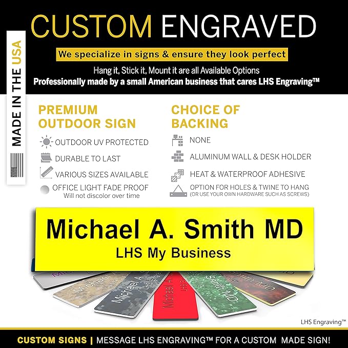 Door Name Plate Personalized for Office Yellow Plastic Name Plate Black Letters - Made in USA 2x10 B4