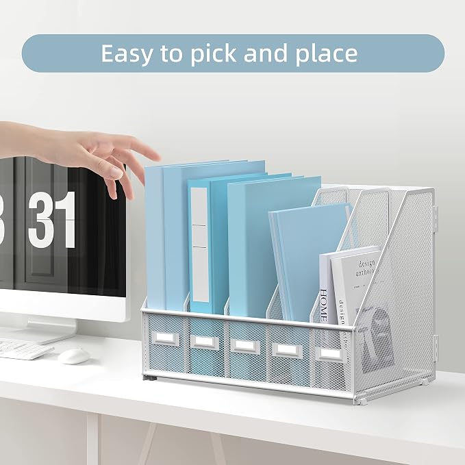 Desk Organizers Metal Desk Magazine File Holder with 5 Vertical Compartments Rack File Organizer for Office Desktop, Classroom, Home Workspace, White