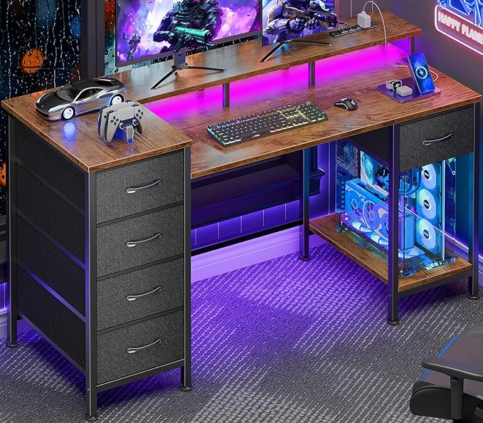 Korfile 47 Inch Computer Desk with Power Outlets,LED,5 Drawers,Rustic Brown | For gaming and working,built-in power outlets and LED lights, 5 fabric storage drawers, 47-inch, monitor stand,, rustic brown