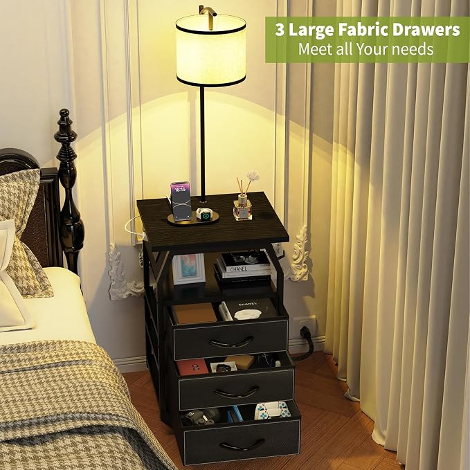 runjuly Floor Lamp with Table Set of 2, End Tables with Lamps Attached 3-Color Temperature Bulb, Side Table with Lamp with 3 Drawers & Charging, Lamps Tables Combo for Bedroom, Dorm - Black