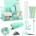KAAKOW Green Desk Organizers and Accessories Office Supplies Set Stapler, Pen Holder, Phone Holder, Scissors, Pen, Ruler, 30 Paper Clips, 22 Binder Clip, 20 Tacks and 1000pcs Staples