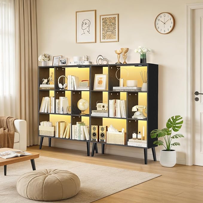 7-Cube Bookshelf with LED Lights, Touch & Remote Control, Freestanding Open Bookcase Storage Shelf, Dimmable Modern Wooden Display Organizer with Legs for Living Room, Bedroom, Office(Black)
