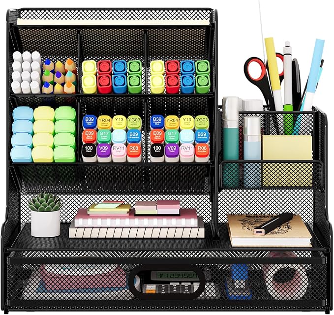 Desk Organizer with Drawer, Mesh Marker Pen Holder for Desk, 13 Compartments Stationery and Art Supplies Organizer, Office Accessories and Workspace Storage Rack, Black