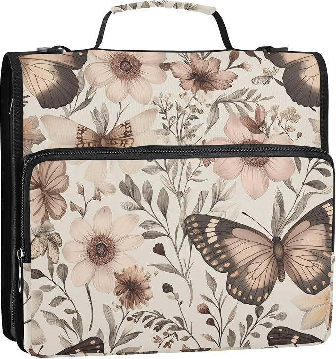 3 D-Ring Zipper Binder Bag, Flower Butterfly Pattern Removable Binder with Zipper Case Hold 700+ Sheets& 13 Inch Laptop for School Office Supplies Organizer