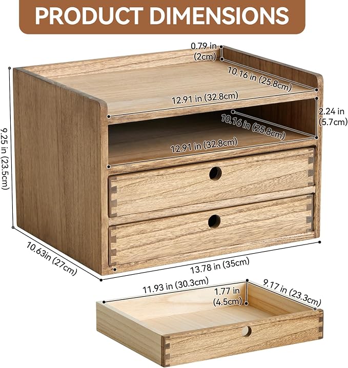 KIRIGEN Wooden Desk Organizer with 2 Drawers and Top Tray, Brown 3D2C-DBR | Three-Tier Desktop Storage Cabinet Stores Papers, Office Supplies, Cosmetics, Crafts, and Small Accessories for Home Office