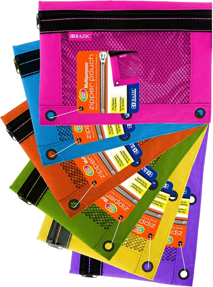 BAZIC PRODUCTS Bright Color 3-Ring Pencil Pouch with Mesh Window, 6-Set | clear mesh window and a zipper closure for pens, pencils, supplies