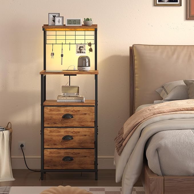 sthmec Tall Nightstands with Charging Station, LED Night Stand Bedsides with 3 Fabric Drawers,Hooks,USB Port and Open Storage Shelves,Tall End Table Bedside Tables for Bedroom,Office, Rustic Brown