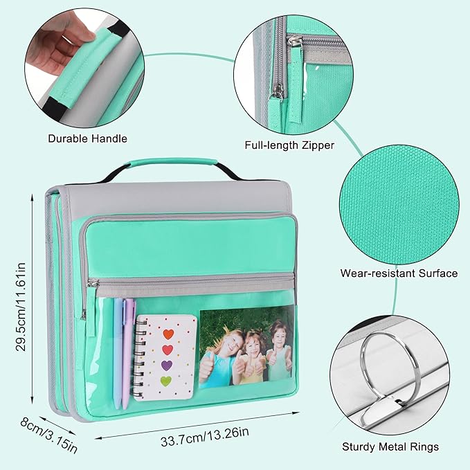 Ndsox Zipper Binder 3 Ring with Handle, 2 Inch O-Ring Document Organizer Middle School Binder with Zipper for Students, 5-Tab Expanding File Folder & 2 Mesh Pouches, DIY Clear Front Pocket, Mint Green