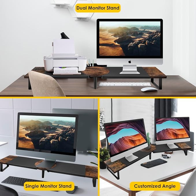 Across-Star Dual-Monitor Stand for Desk - Large Adjustable Length and Angle Riser for 2 Monitors, Double Computer Desktop Organizer, Shelf for TV, Laptop, Printer