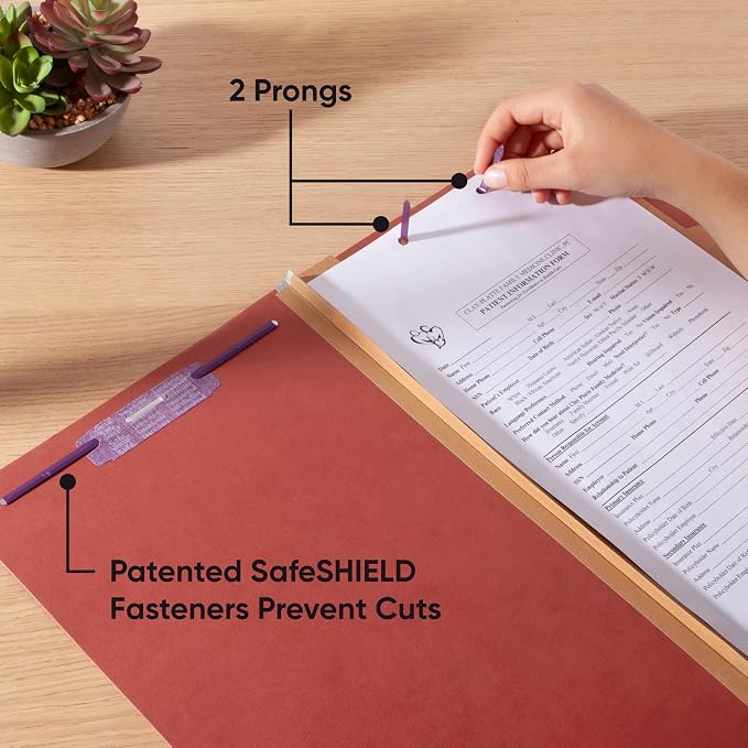 Smead Pressboard Legal Size File Folders with SafeSHIELD Fasteners, 2 Dividers, 2" Expansion, Office Folders, Paper Holder, Red, 10 per Box (19075)